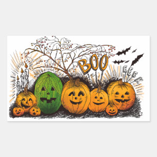 Pegatina Rectangular Línea Jack-O-Lantern hacia arriba