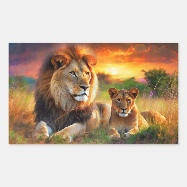 Pegatina Rectangular Lioness with Cub (Anverso)