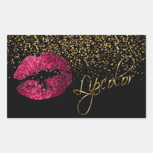 Pegatina Rectangular Lipcolor rosa caliente con confetti dorado
