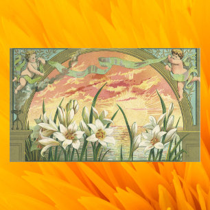 Pegatina Rectangular Lirios de Pascua antiguos al amanecer y ángeles vi