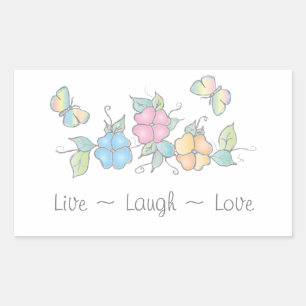 Pegatina Rectangular Live Laugh Acuarela floral de mariposa
