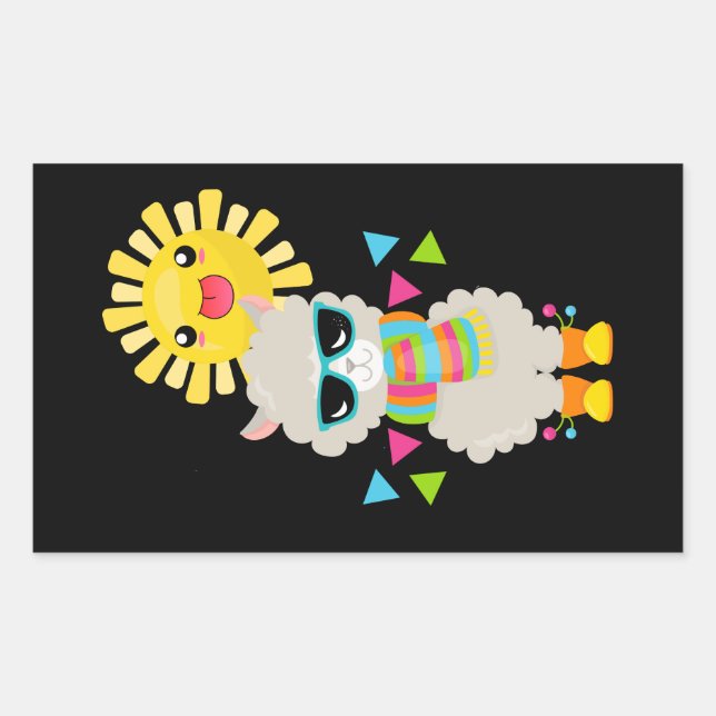 Pegatina Rectangular Llama Guay y Sol sonriente Kawaii (Anverso)