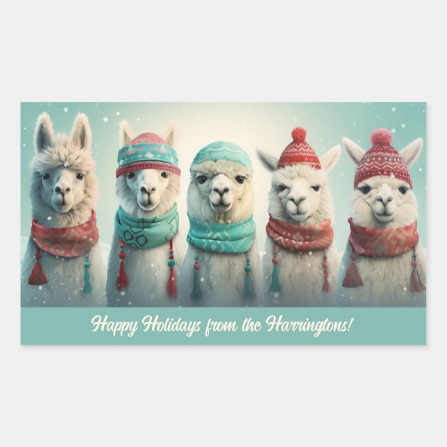 Pegatina Rectangular Llamas de invierno de texto personalizado (Anverso)