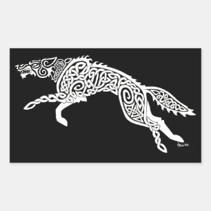 Pegatina Rectangular Lobo de Knotwork, blanco en negro
