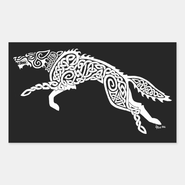 Pegatina Rectangular Lobo de Knotwork, blanco en negro (Anverso)