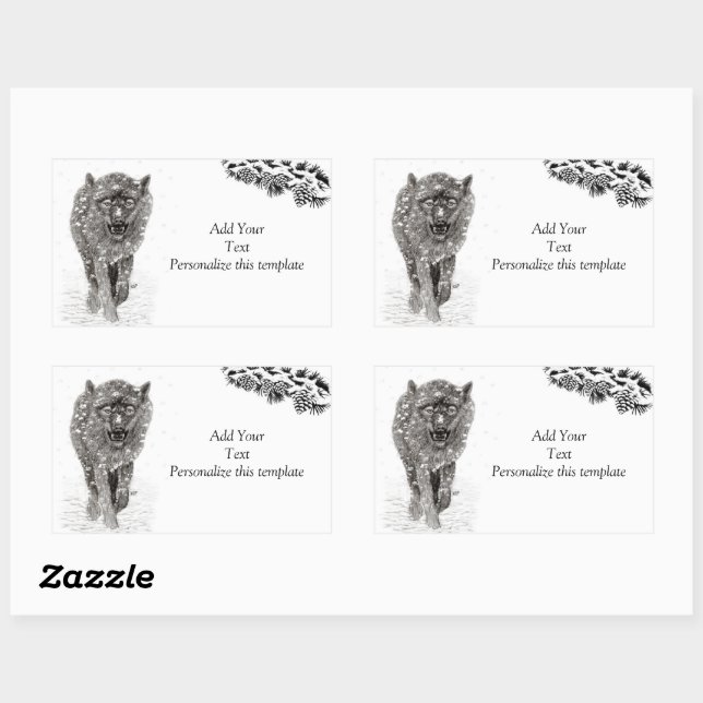 Pegatina Rectangular Lobo negro enojado en la nieve, invierno salvaje (Hoja)