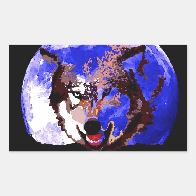 Pegatina Rectangular Lobo y luna llena (Anverso)