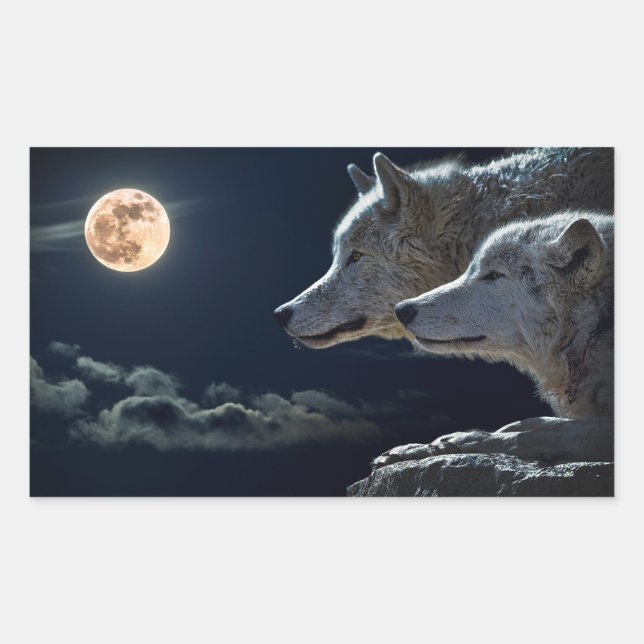 Pegatina Rectangular Lobos llorando en plena luna de noche (Anverso)