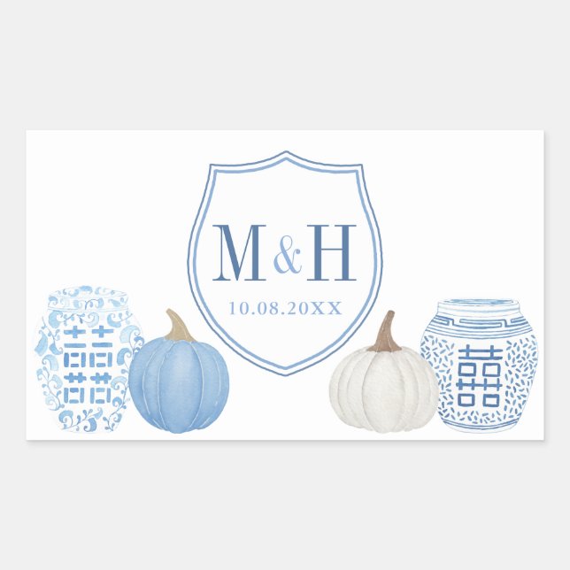 Pegatina Rectangular Logo de Chinoiserie Pumpkins Azul y Boda Blanco (Anverso)