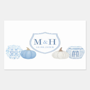 Pegatina Rectangular Logo de Chinoiserie Pumpkins Azul y Boda Blanco