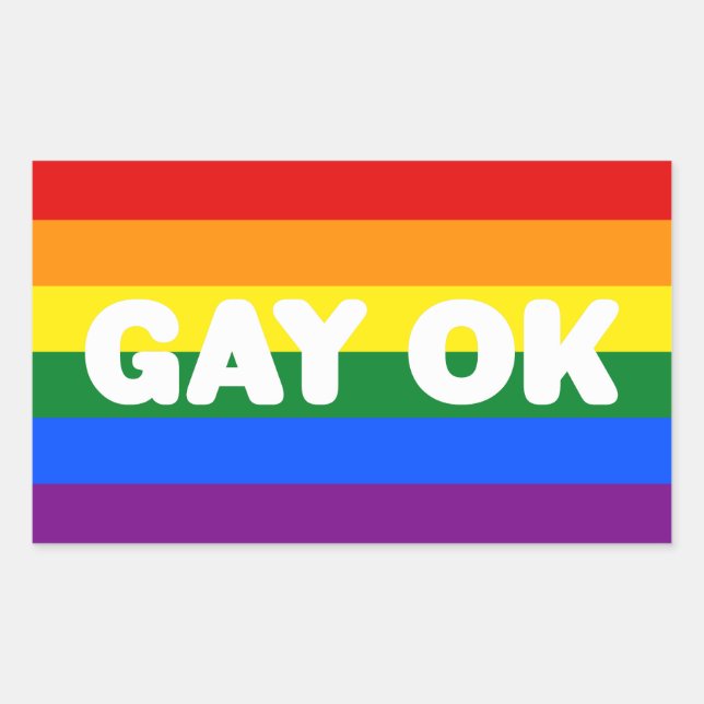 Pegatina Rectangular Logo de GAY OK Bandera del Orgullo Gay de 6 bandas (Anverso)
