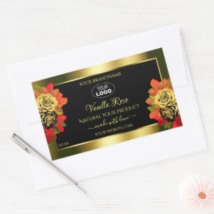 Pegatina Rectangular Logotipo de Rosas Floral Black Gold Shimmer
