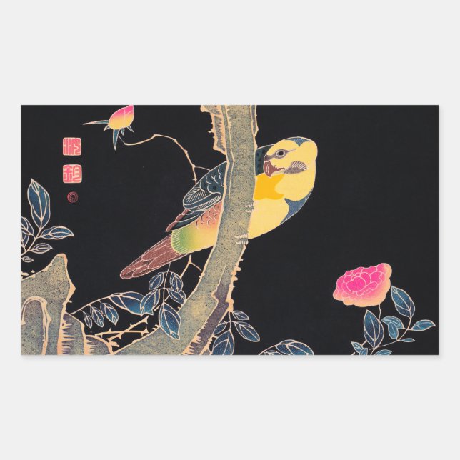 Pegatina Rectangular Loro en la rama de un Rosa florido Bush (Anverso)