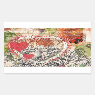 Pegatina Rectangular Love Birds Heart Red Art Collage