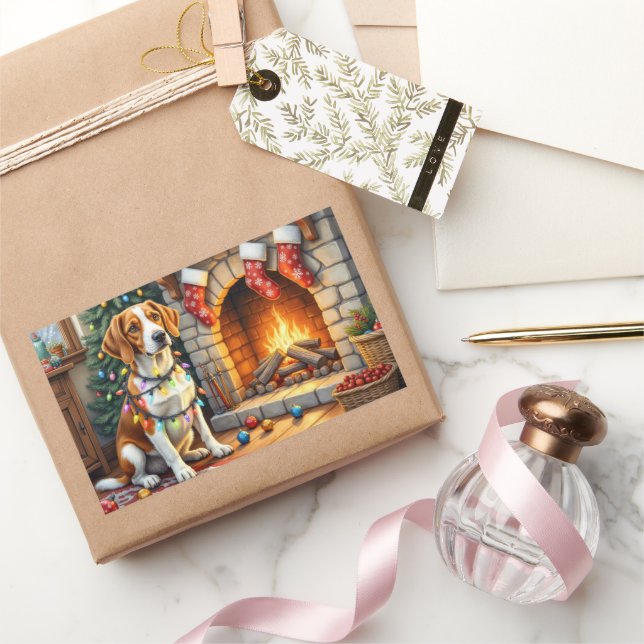 Pegatina Rectangular Luces de Navidad para Foxhound Americano Inglés (Regalar)