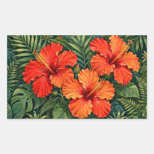 Pegatina Rectangular Lujosas flores tropicales de hibisco naranja selva