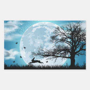 Pegatina Rectangular Luna mística con silueta de conejo