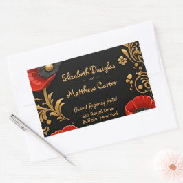 Pegatina Rectangular Luxury Black Red and Gold Floral Wedding 