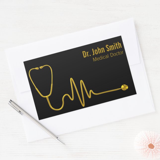 Pegatina Rectangular Luxury Stethoscope ECG Wave EKG Line Medical Gold (Sobre)