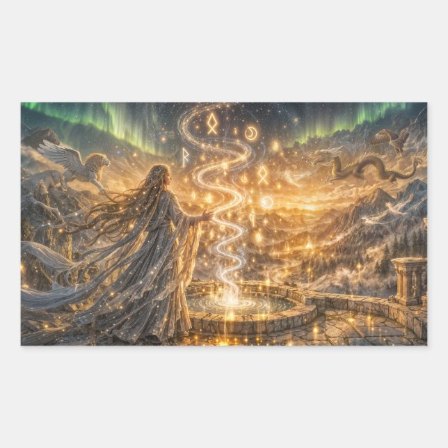 Pegatina Rectangular Luz de Fantasía Élfica Dorada – Fantasía Impresion (Anverso)