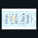 Pegatina Rectangular Luz y paz caprichosas de Jánuca<br><div class="desc">Una tarjeta judía del tema de Jánuca con un menorah, estrella de David y Driedel. El texto lee desearle la luz y la paz Jánuca feliz. El fondo es un personalizar azul claro de Washington de la acuarela esta etiqueta con un mensaje corto, dos líneas se proporciona para la personalización....</div>