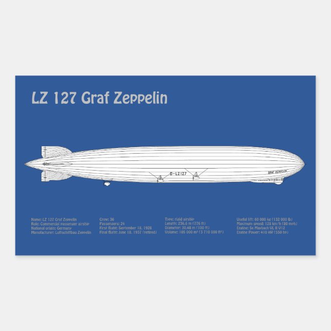 Pegatina Rectangular LZ 127 Graf Zeppelin - Aviso Planes Blueprint ABD (Anverso)