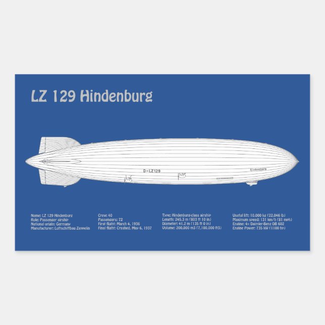 Pegatina Rectangular LZ 129 Hindenburg - Aviso Planes de Blueprint ABD (Anverso)