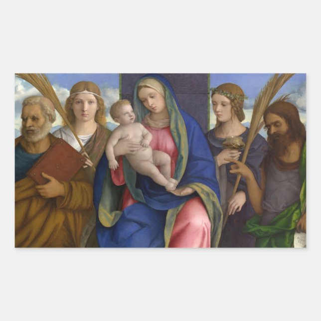 Pegatina Rectangular Madonna y niño con santos (Anverso)