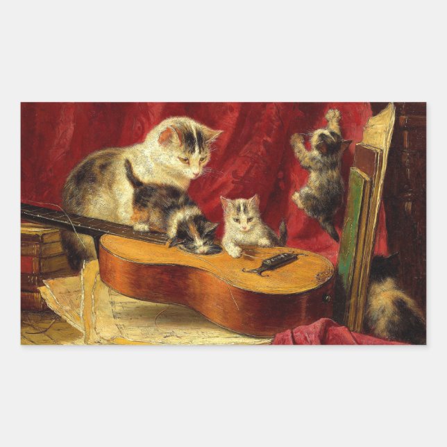 Pegatina Rectangular Madre gata y gatitos jugando con guitarra (Anverso)