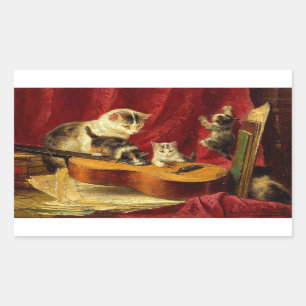 Pegatina Rectangular Madre gata y gatitos jugando con guitarra