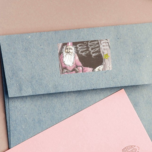 Pegatina Rectangular Mago antiguo mágico Elf Magic Wand Star (Old wizard in pink robe with ferret star wand in cave on rectangle stickers.)