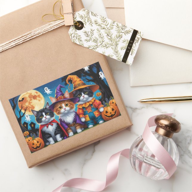 Pegatina Rectangular Maine Coon Cats Calabaza Halloween Gracioso (Regalar)