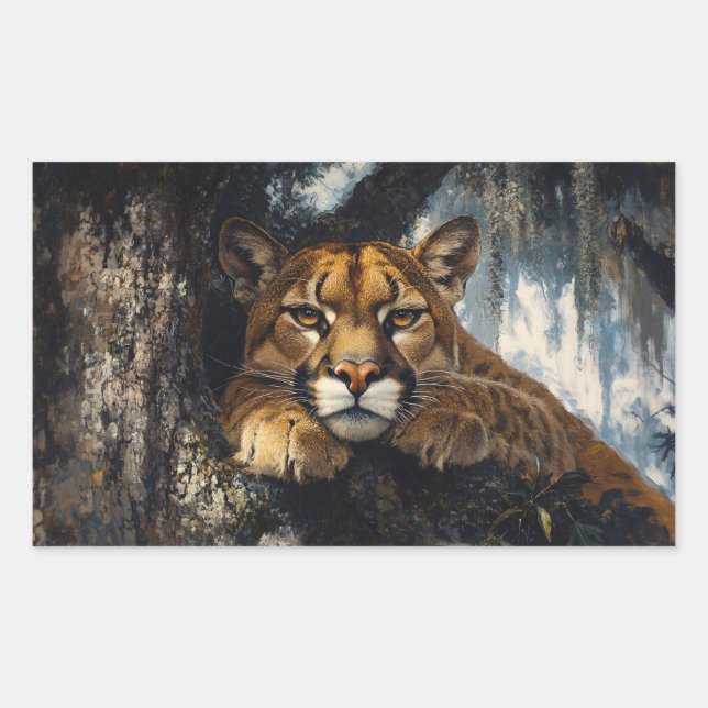 Pegatina Rectangular Majestic Cougar in Forest (Anverso)