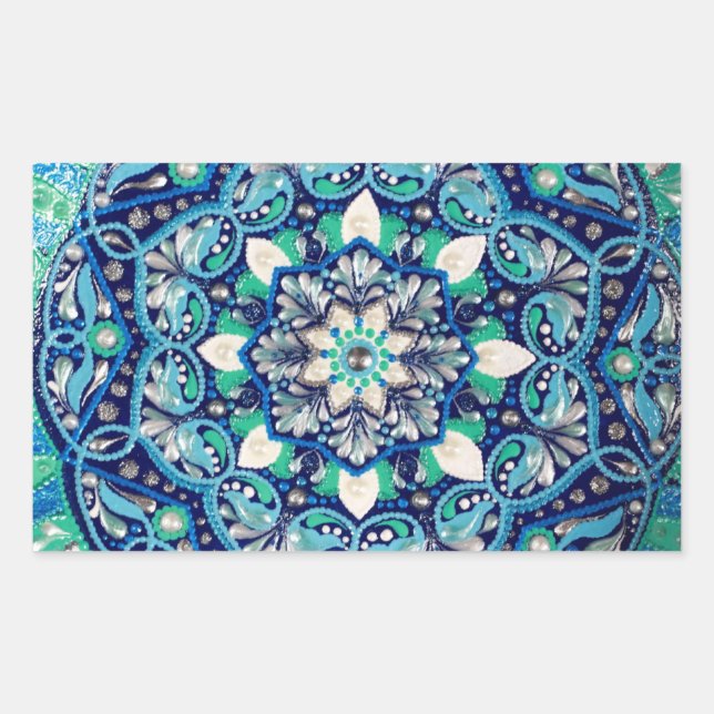 Pegatina Rectangular Mandala de arte de puntos azules (Anverso)