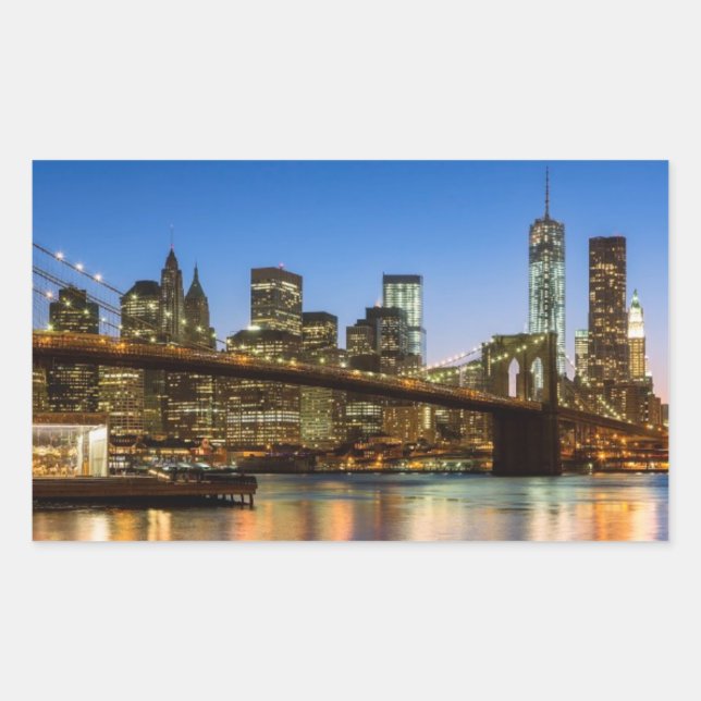 Pegatina Rectangular Manhattan y el puente de Brooklyn al atardecer (Anverso)