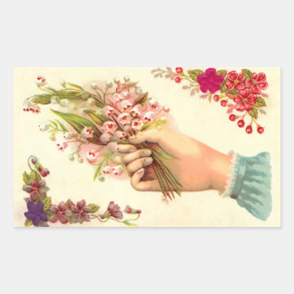 Pegatina Rectangular Mano de amor vintage que ofrece lirios del valle