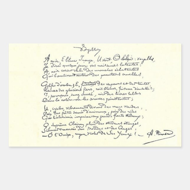 Pegatina Rectangular manuscrito autógrafo de Voyelles (Rimbaud) (Anverso)