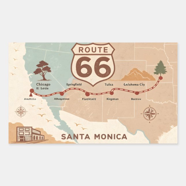 Pegatina Rectangular Mapa Antiguo de la Ruta 66 con Ciudades Históricas (Anverso)