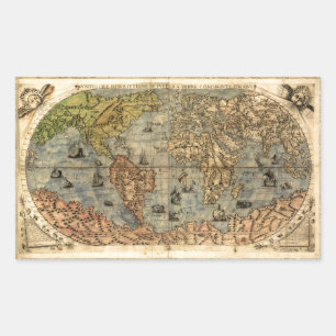 Pegatina Rectangular Mapa Antiguo del Mundo de Forlani de 1565 Cartogra