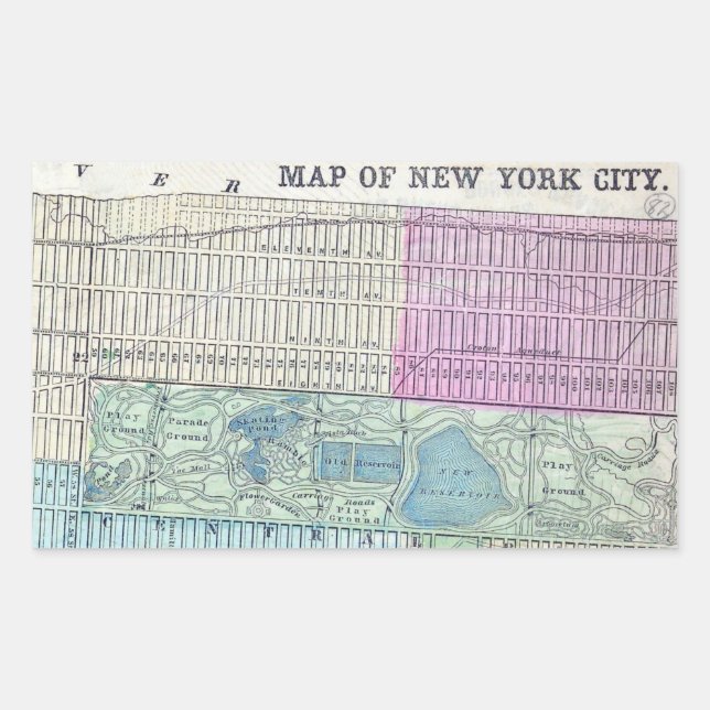 Pegatina Rectangular Mapa de 1870 Parque Central de Nueva York (Anverso)