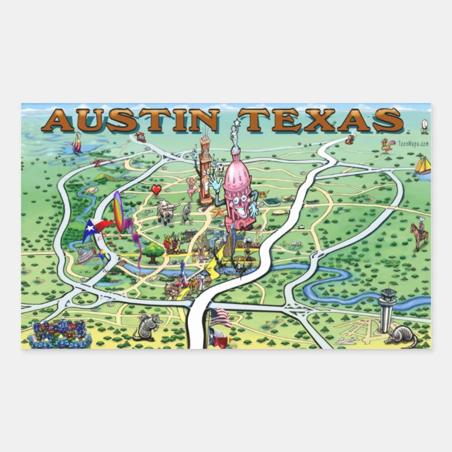 Pegatina Rectangular Mapa de diversiones de Austin (Anverso)