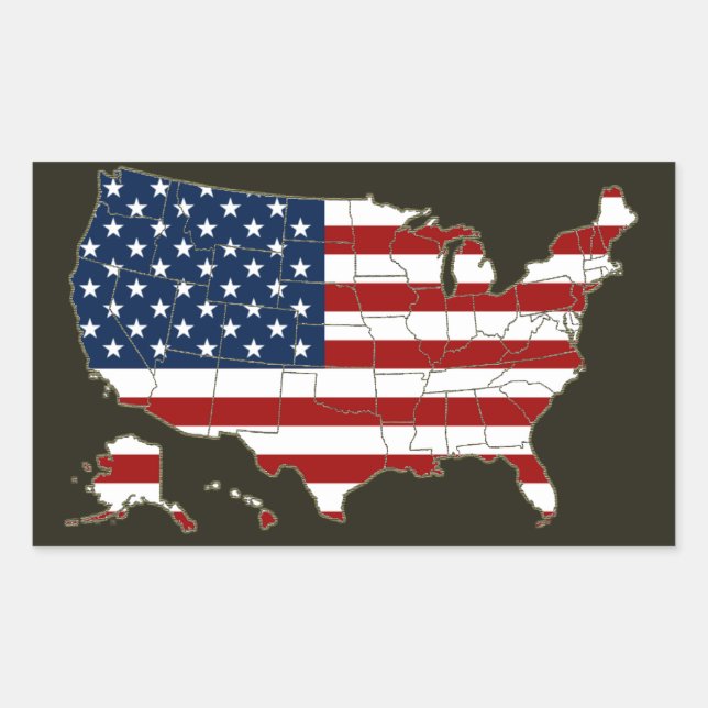 Pegatina Rectangular Mapa de EE. UU. con bandera estadounidense (Anverso)