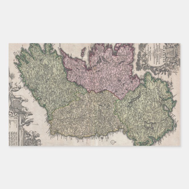 Pegatina Rectangular Mapa de época de Irlanda (1716) (Anverso)