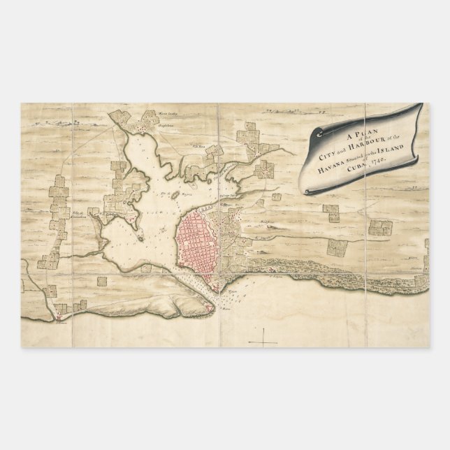 Pegatina Rectangular Mapa de época de La Habana Cuba (1740) (Anverso)