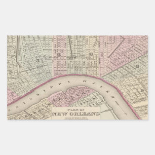 Pegatina Rectangular Mapa de Nueva Orleans (1880)