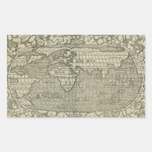 Pegatina Rectangular Mapa del mundo antiguo de Sebastian Münster alrede
