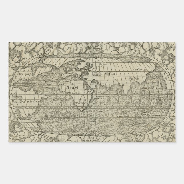Pegatina Rectangular Mapa del mundo antiguo de Sebastian Münster alrede (Anverso)