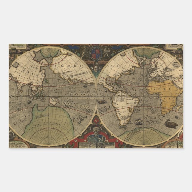 Pegatina Rectangular Mapa del mundo de la época 1595 de Jodocuments Hon (Anverso)
