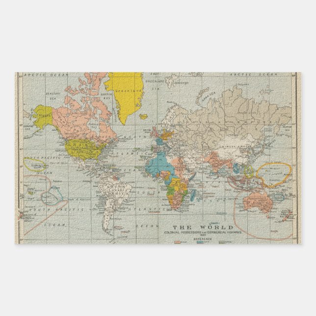 Pegatina Rectangular Mapa del mundo de la época 1910 (Anverso)