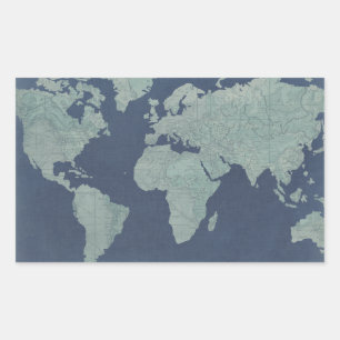 Pegatina Rectangular Mapa del mundo de las líneas azules